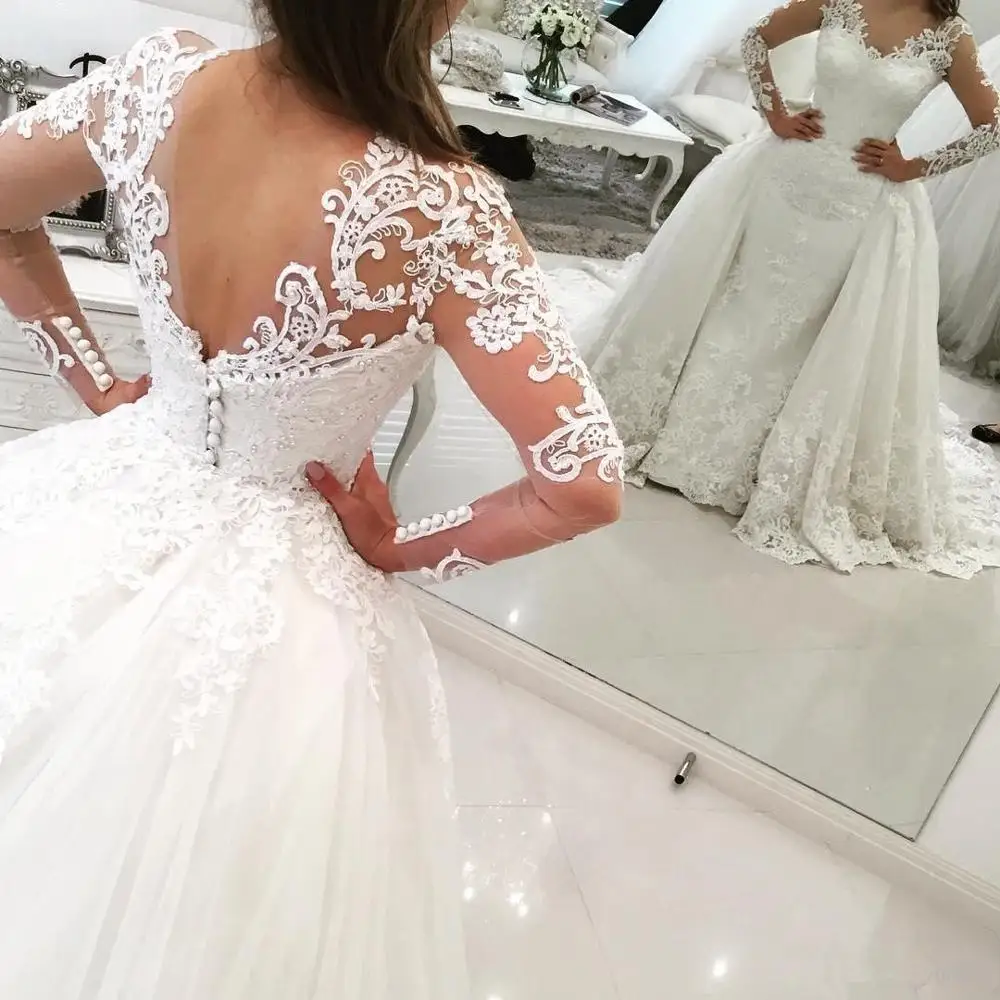 

New Saudi Arabic Over Skirt Wedding DressesLace Appliques Backless Long Sleeves Elegant Bridal Gowns with Removable Skirt