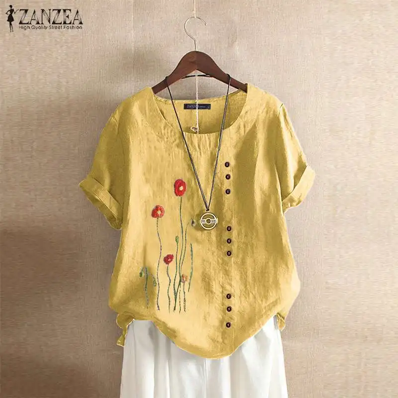 

Women's Embroidery Blouse ZANZEA 2021 Fashion Floral Tops Summer Short Sleeve Blusas Female Casual O Neck Button Tunic