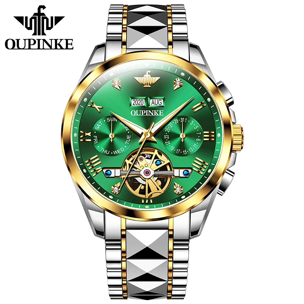 

OUPINKE Sapphire Tourbillon Mechanical Watches Men Automatic Wristwatch Waterproof Calendar Tungsten Steel Two Tone Wrist Watch