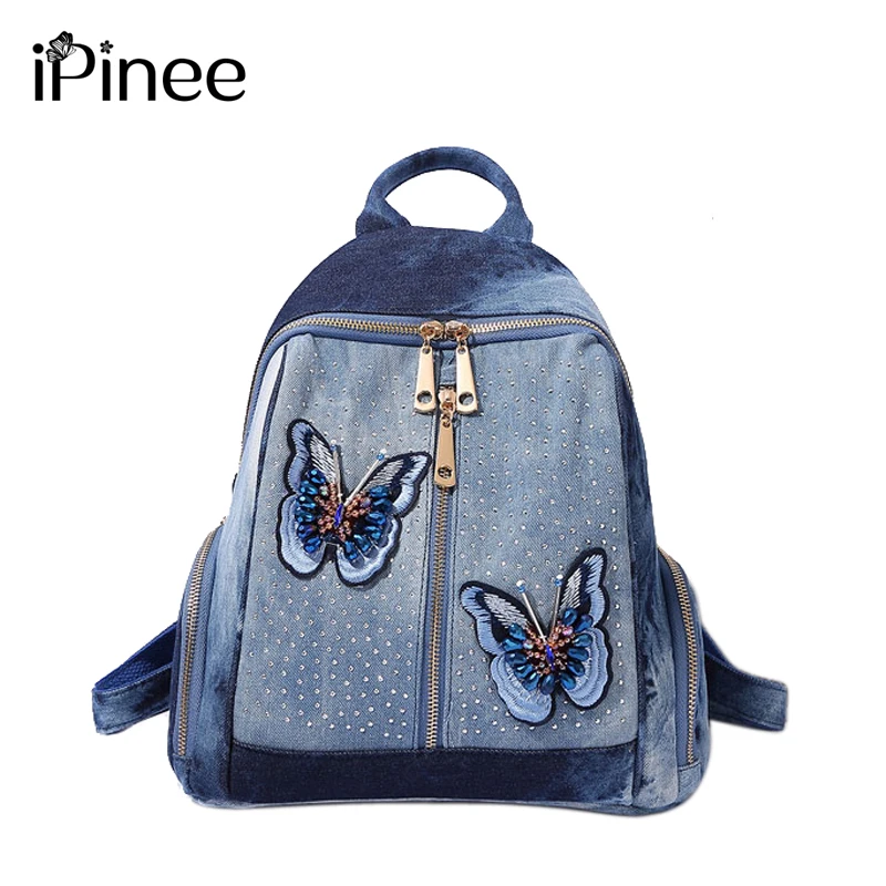 

iPinee Women Casual Backpacks Denim shoulder bag Butterfly Embroidery Medium Femme School Sac a dos Mochila Plecak szkolny