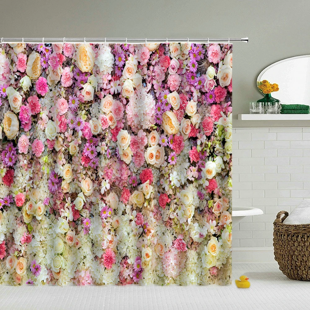 

Fresh Flowers Pattern Shower Curtains With Hooks Waterproof Floral Bathroom Curtains Decoration 3d Printing Washable Bath Screen