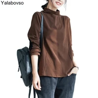 womens loose tops half high neck t shirts cotton tees 2021 autumn color contrast stitching long sleeve bottoming t shirt