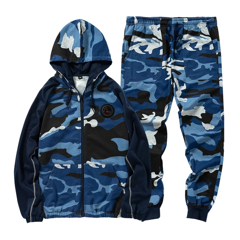 

Autumn Men Tracksuit 2 Piece Set Camouflage Printed Patchwork Hoodies and Pants Set Men Running Sports Clothing Jogging Suit