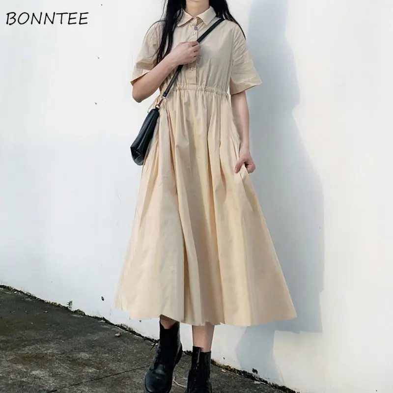 

Short Sleeve Dress Women Summer Chic Streetwear Korean Style Daliy All-match Loose Soild Fashion Preppy A-line Empire Sundress