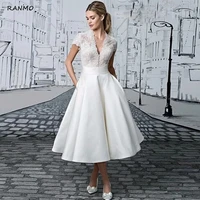 ranmo short wedding dress 2021 a line v neck tea length bridal dress delicate lace cap sleeves buttons elegant midi wedding gown