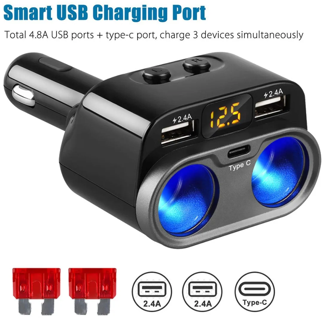 New 2 Way Car Cigarette Lighter Socket Splitter 80W+Dual USB Charger Adapter