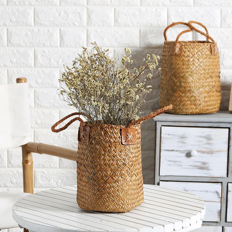 

2Pcs/set Nordic Style Wicker Rattan Basket Retro Living Room Desktop Flower Storage Baskets Home Decor