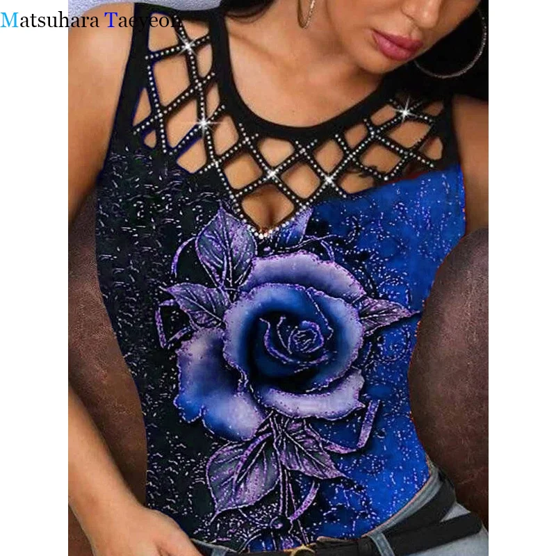 

Summer New Tank Top Women 2021 Sleeveless Tees Casual 3d Rose Print Top Women Vest Female New Fashion Hollow Out Tops