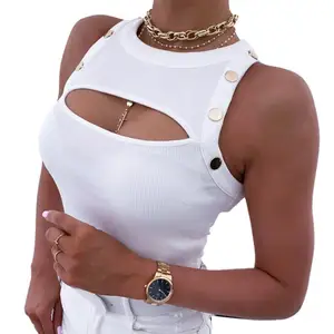 tops for women Sexy Women Chest Hollow tops Buttoned Top Blouse Slim Sleeveless Round Neck Vest tops for women tops women 2021