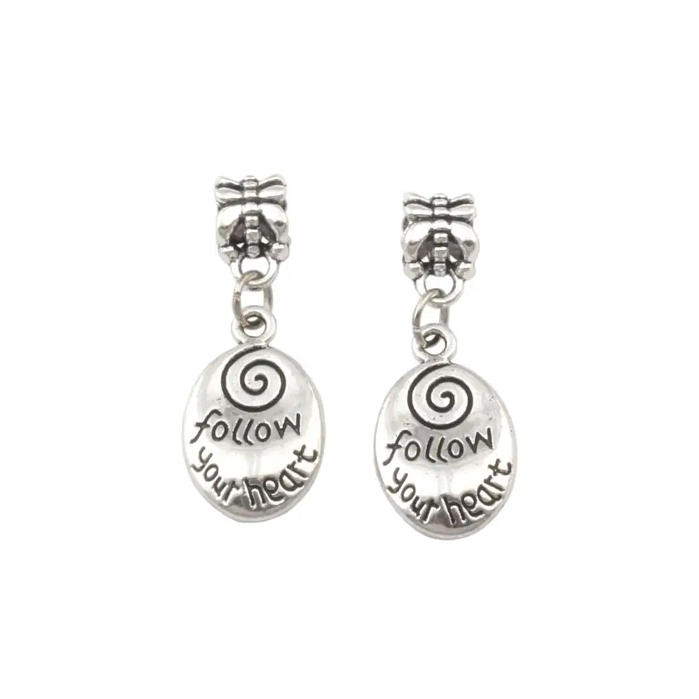 

100Pcs Zinc Alloy Metal Oval " Follow Your Heart "Charm Big Hole Beads Fit European Necklace Bracelet Jewelry 12.5x32.5mm A-160a