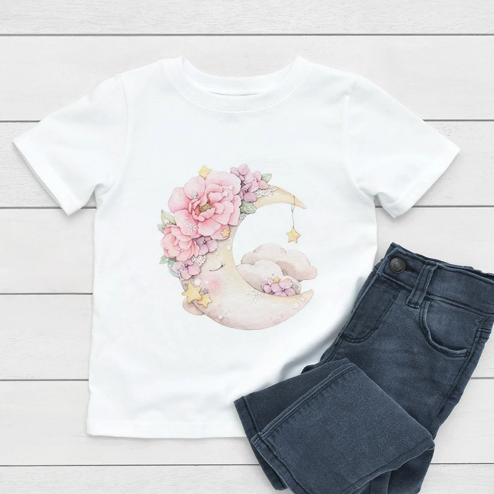 

Hot Sale Casual Moon Flower Baby Tee Shirt Short Sleeve Children T-shirt Short Sleeve Breathable Cozy Simple Vogue Kids Clothing