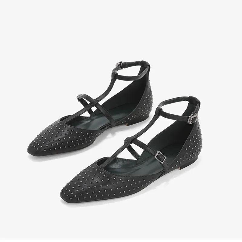 

Женские балетки на плоской подошве, с квадратным носком, с заклепками, в стиле ретро, в Корейском стиле, сандалии на заклепках