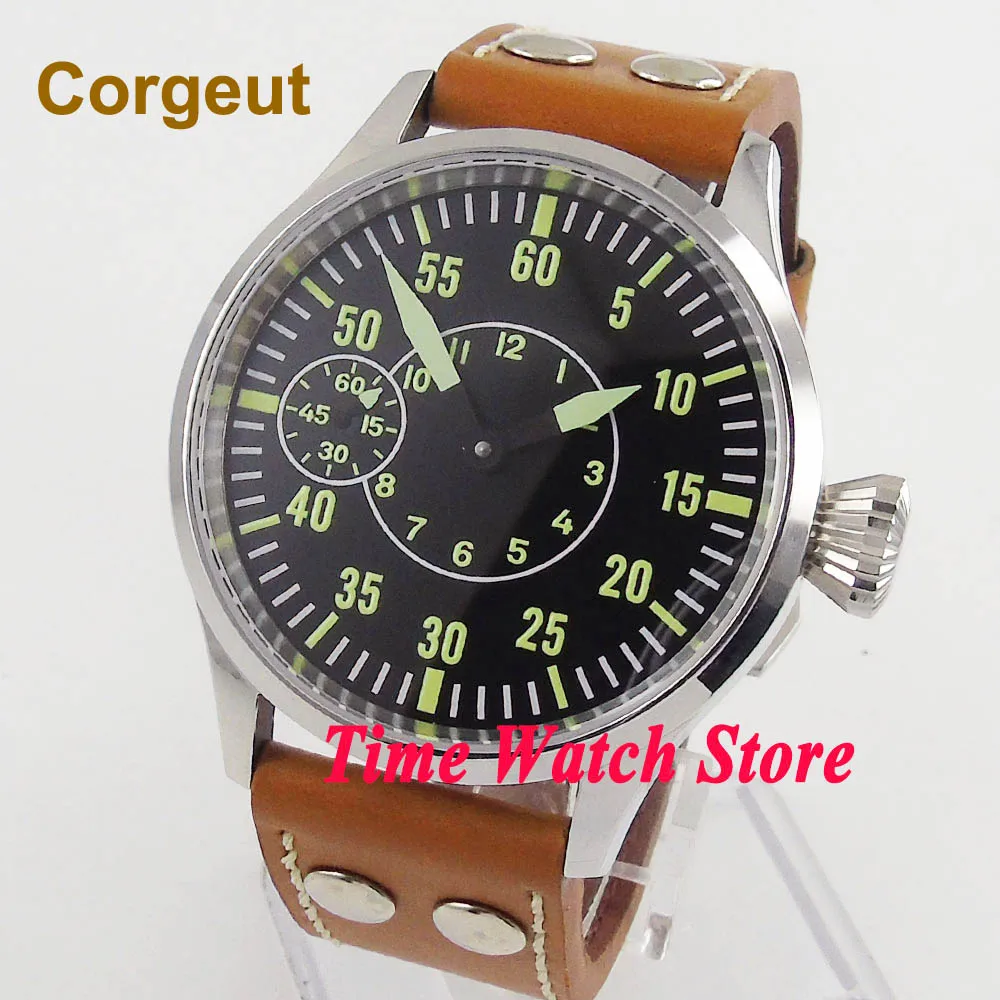 

Corgeut 44mm Mechanical Mens Watch 6497 Hand Winding Movement Sapphire Glass Leather Strap Black Dial Luminous