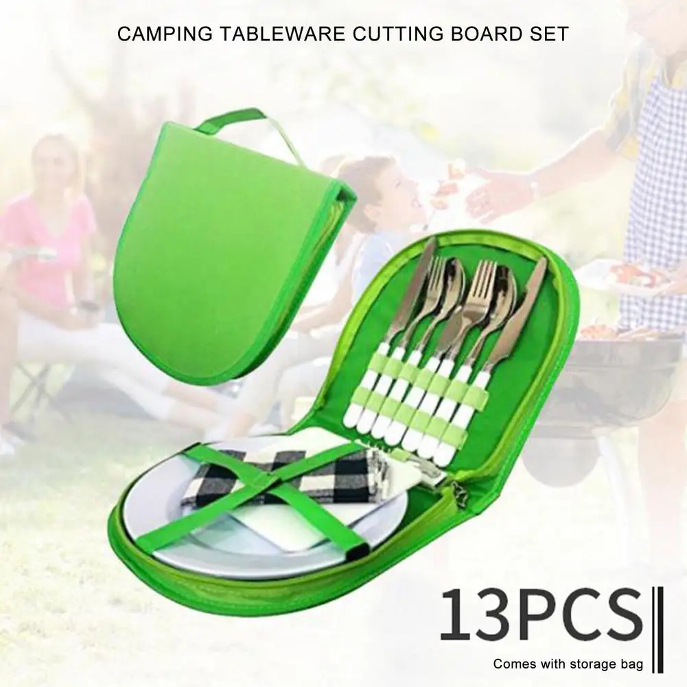 

13 шт. набор столовых приборов для кемпинга, нож, вилка, ложка, тарелка, подставка, портативный семейный набор с сумкой для переноски, посуда д...