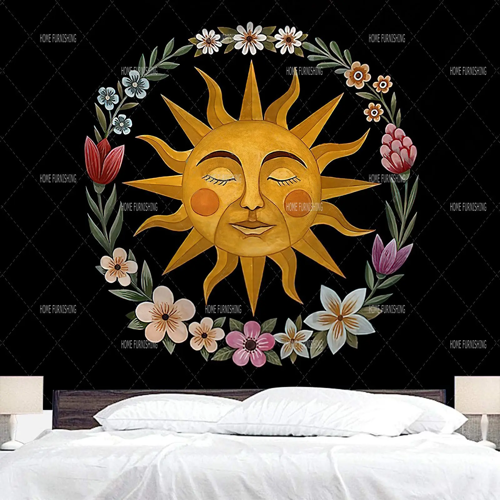 

Bohemia Bee Butterfly Flower Plant Tapestry Wall Hanging Black Background Cloth Moon Sun Tapestry Farmhouse Decoration Bohemia