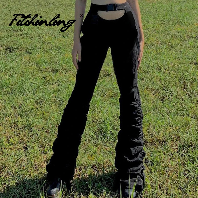 

Fitshinling Goth Pants Long Hollow Out Zipper Shirring Punk Street Style Folds Gothic Trousers Vintage Harajuku Pleated