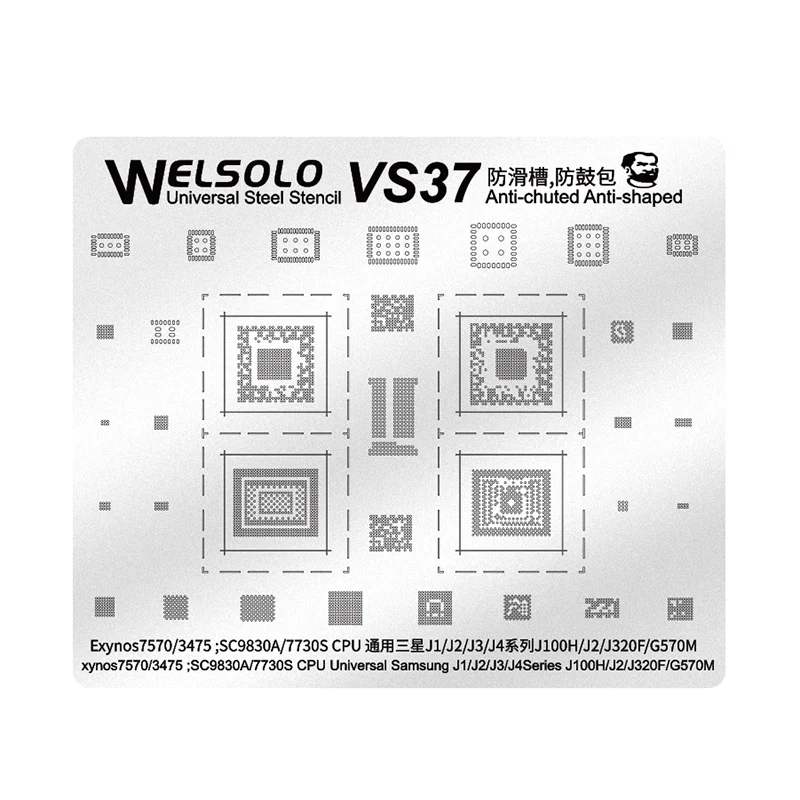 

Mechanic VS37 BGA Reballing Stencil for Samsung J1/J2/J3/J4 J100H/J320F G570 Exynos7570/3475 SC9830A/7730S CPU RAM Power IC Chip