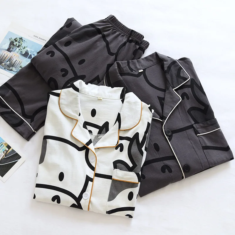 Korean Spring /Summer Couple Pajamas Set Knitted Cotton Men and Women Long Sleeve Pajamas Set Calf Fashion Cardigan Loose Home W