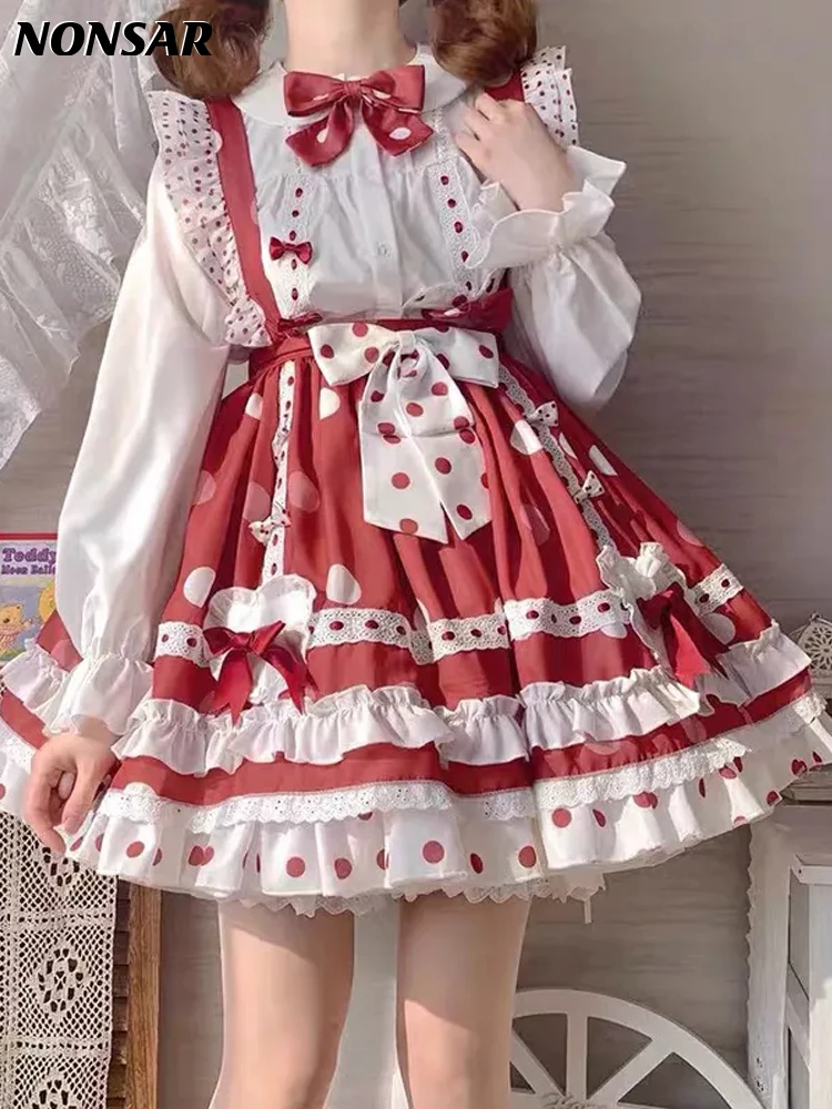 

NONSAR Polka Dot Strap Lolita Dress Soft Girl Kawaii JSK Red Chiffon Lace Cute Mini Dress Hot Sale Fast Shipping