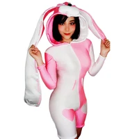 role playling pink angela long sleeve jumpsuits asymmetrical tight elastic hooded bodysuits evening prom outfit dance stage wear