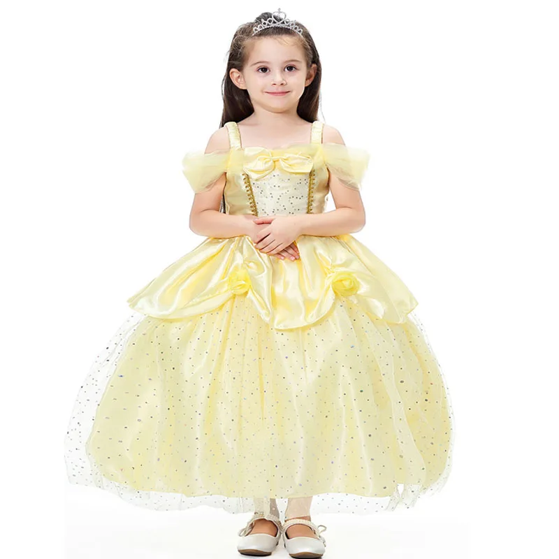 Summer Girl Yellow Dress Belle Princess Cinderella Cosplay Costume Fairy Tail Child Wedding Party Elegant Sheer Prom 2019 | Детская