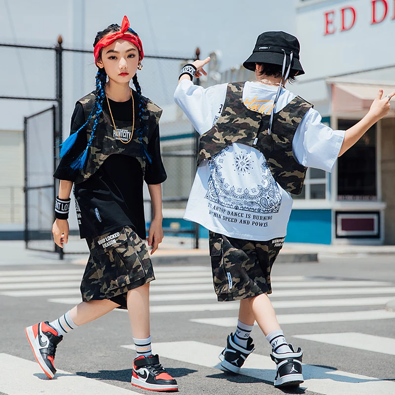

Children'S Day Ballroom Hip Hop Clothes Boys Summer HipHop Camouflage Vest Loose T-Shirt Suit Jazz Street Dance Costumes 120-170