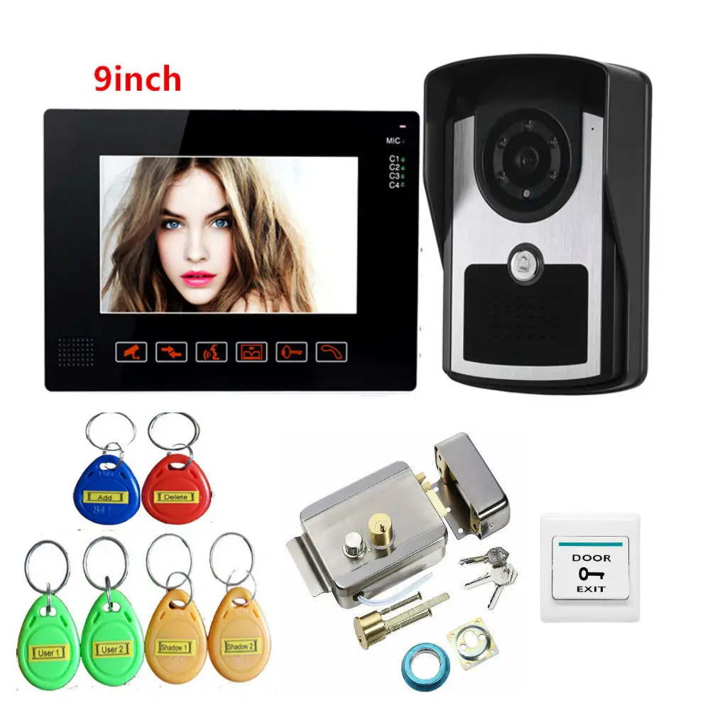 

Видеодомофон с сенсорной кнопкой и цветным монитором 9 дюймов, дверной звонок, система внутренней связи, ИК-камера, RFID + Электрический замок