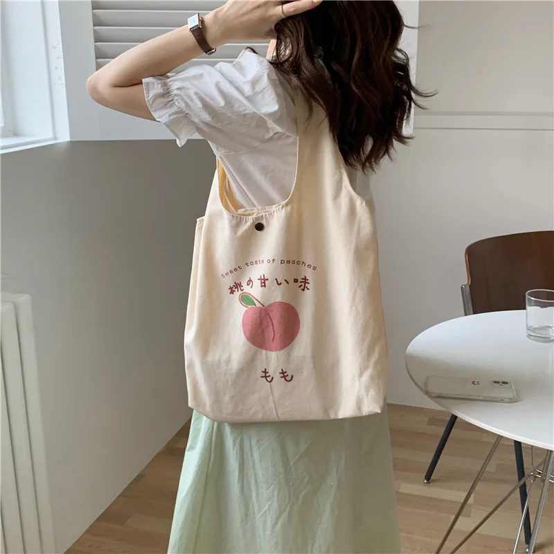 

women's Canvas Shoulder Bag Korean Version Cute Fruit Print Female Handbag Student Fashion Large Capacity Reusable School Bag