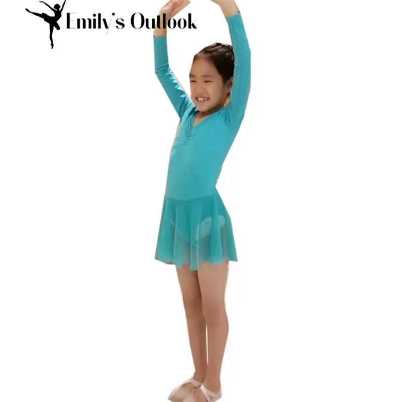 

Kids Ballet Leotard With Tutu Skirt Long Sleeve Dance Dress Gymnastics Bodysuit Two Layers Chest For Big Girl Autumn Winter