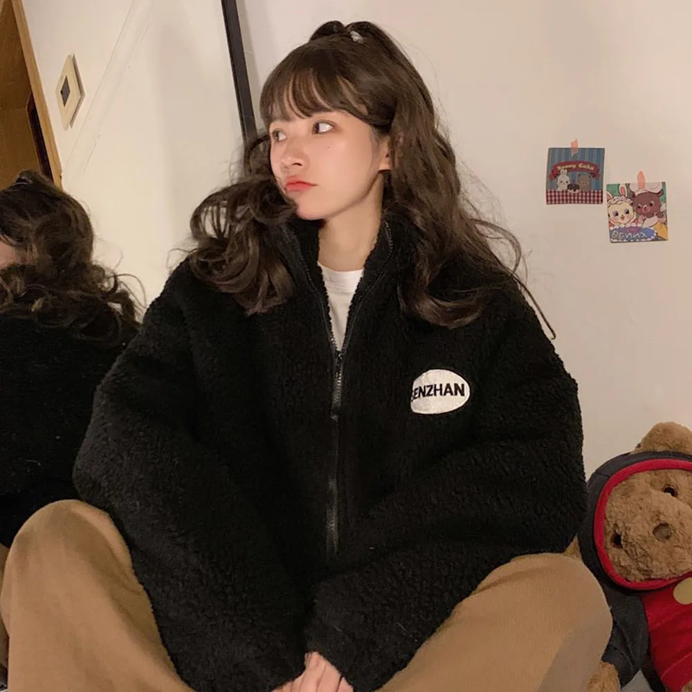 

Women's New Winter Coat Jacket Casual Fashion Simple Commuter Style Long-sleeved Warm Flocking Solid Color Lazy Wind Jacket