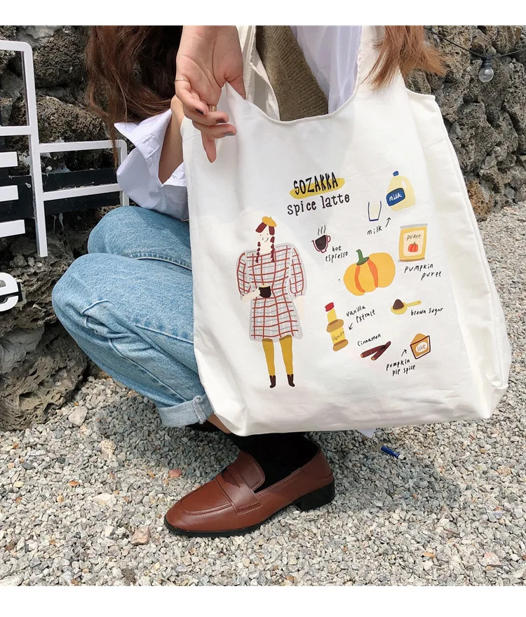 

School Girls Preppy Cute Canvas Shopping Shoulder Bag Handbag Tote Bag Casual Shoulder Bags Women Travel cartoon handbag Totes