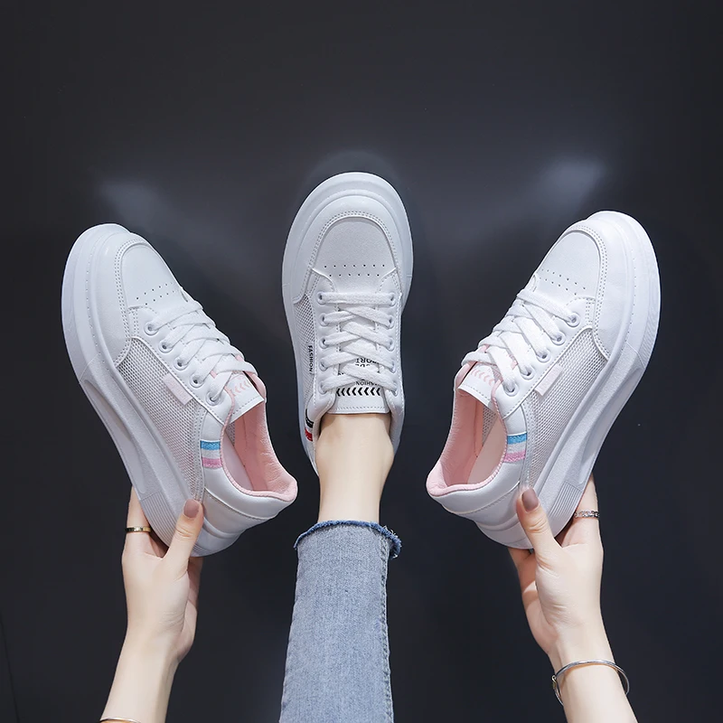 

Hollow Fashion Mesh Casual Flats Women Sneakers Lace Up White Round Toe Breathable Thick-Soled Sports Summer Thin Section Shoes