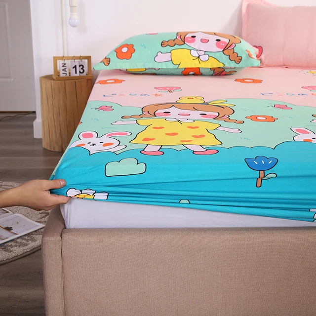 1pcs Cartoon 100% Pure Cotton Bed Sheet， Fitted Sheet With Elastic Band Bedding Kid Girl Queen Size Bed Mattress Cover Bedsheet 6