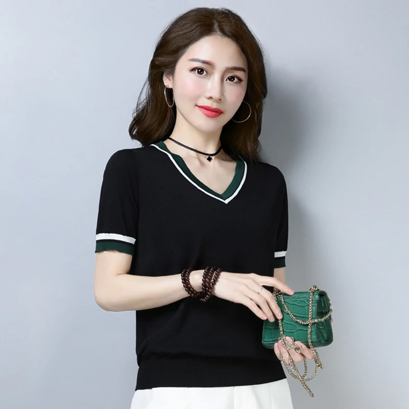 

Женская Лоскутная трикотажная футболка с V-образным вырезом, летние тонкие трикотажные топы с коротким рукавом, Корейская свободная Базова...