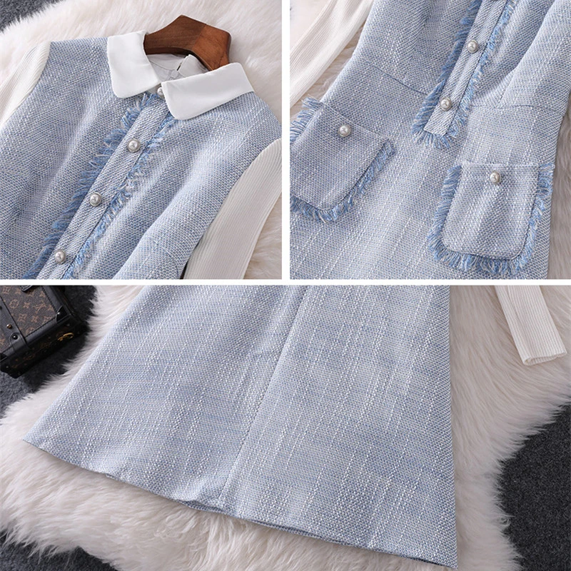 

2019 Female Vestidos Knitted Sleeves Patchwork Casual Woolen Dress with Pocket New Fashion Autumn Winter Dress Woman Clothes