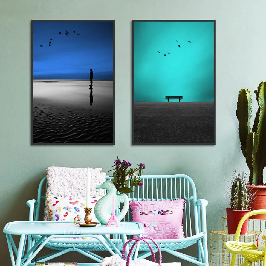 Современный стиль человек стоит у моря птицы парусный спорт холст живопись