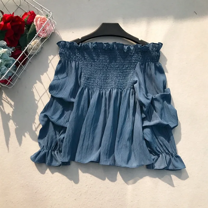 

Women Chiffon Slash Neck Ruffles Off Shoulder Strapless Top Shirt Preppy Style Cute Kawaii Short Blouse Tops Blusas Pullovers