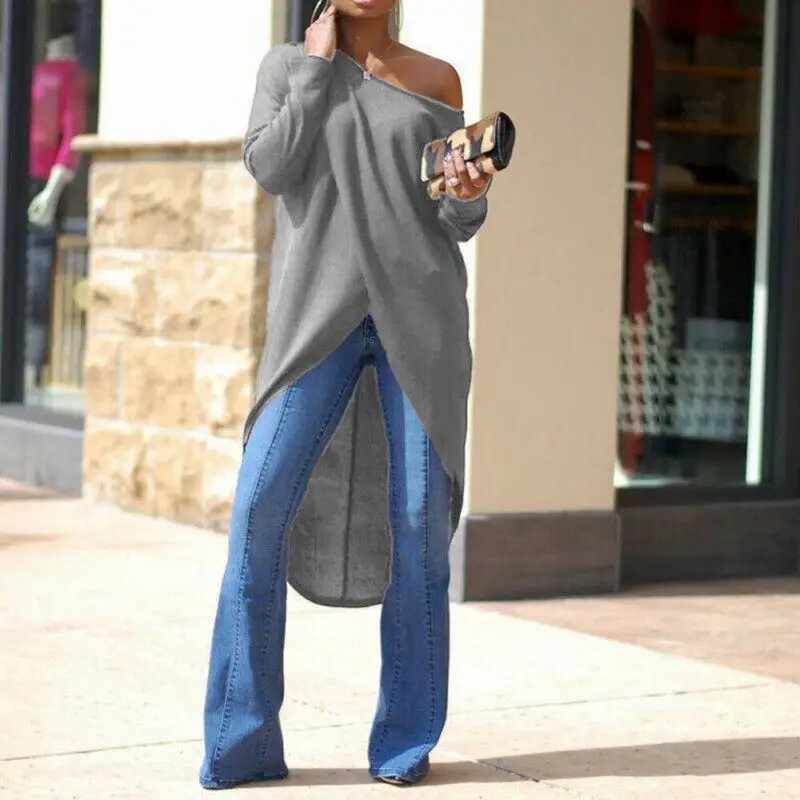 Женская блузка с косым воротником длинным рукавом и асимметричным подолом |