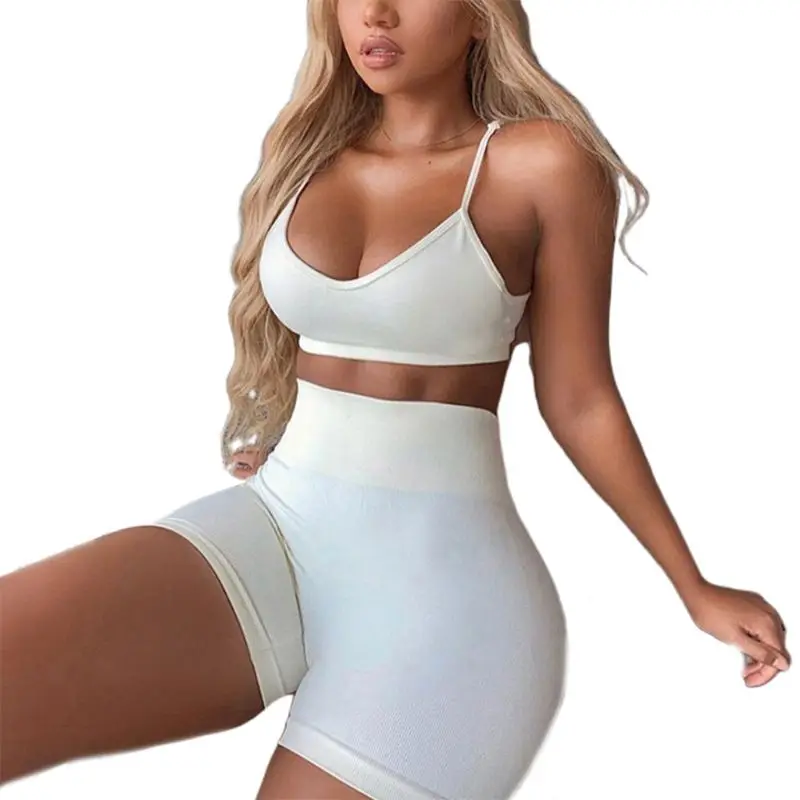 

Womens 2Pcs Bodycon Tracksuit Outfit Solid Color Spaghetti Strap Crop Top Shorts F42F