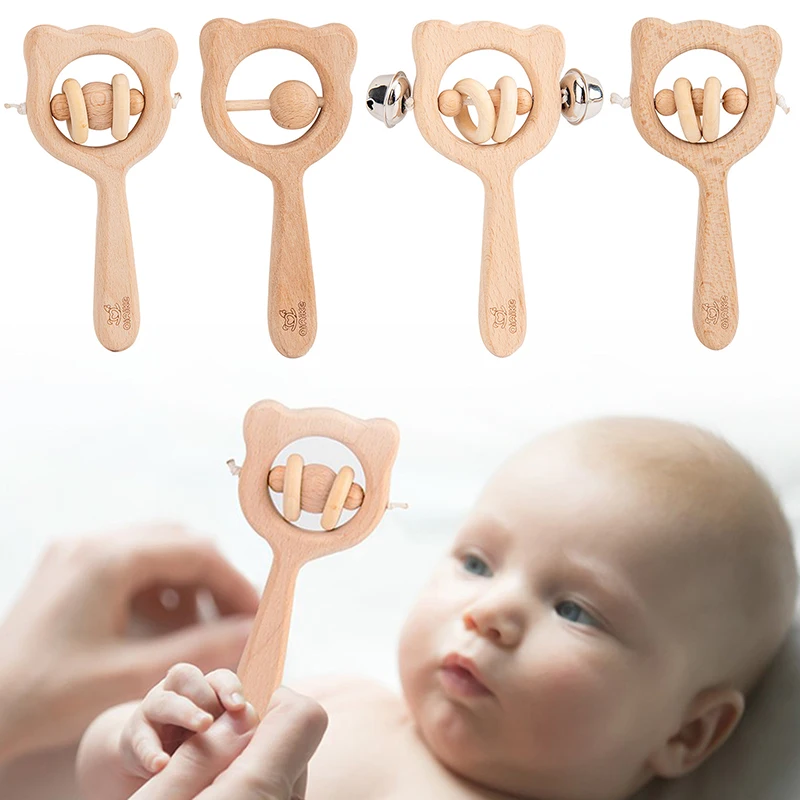 Wooden Rattle Beech Bear Hand Teething Ring Baby Rattles Play Stroller Home Toy
