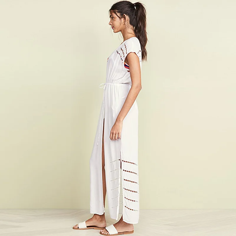 Хлопковое белое пляжное платье туника длинное парео саронг бикини накидка