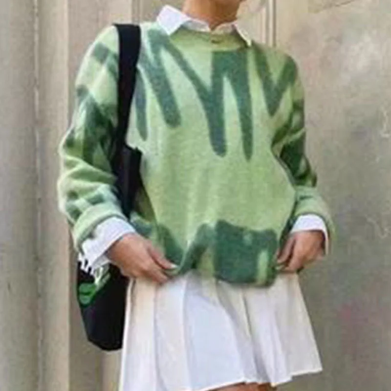 

Autumn New Irregular Gradient Sweaters Women Print Dyeing Geometric Pattern Pullover Fashion Contrast Color O-Neck Loose Sweater