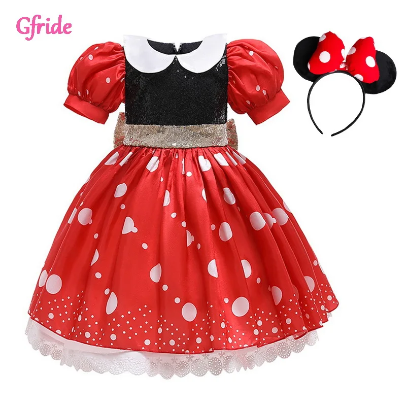 

Girls Dress Up Kids Mouse Costume Dots Tutu Puff Sleeve Fancy 1-5 Year Birthday Party Dress Girls Baby Children Infant Wear Red