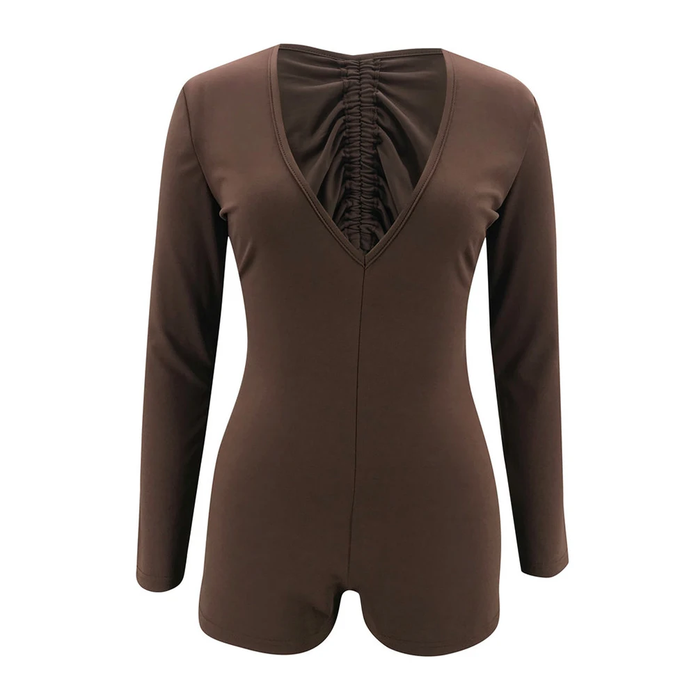

Sexy Women Playsuit Deep V Neck Lace Up Open Back Long Sleeve Slim Fit Jumpsuit Shorts Dark Khaki Drawstring Club Night Bodysuit