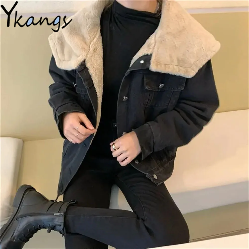 

Plus Velvet Thick Faux Fur Lined Quilted Denim Coat Korea Stitching Collar Black Single Breasted Jean Jacket Warm Women Clothing