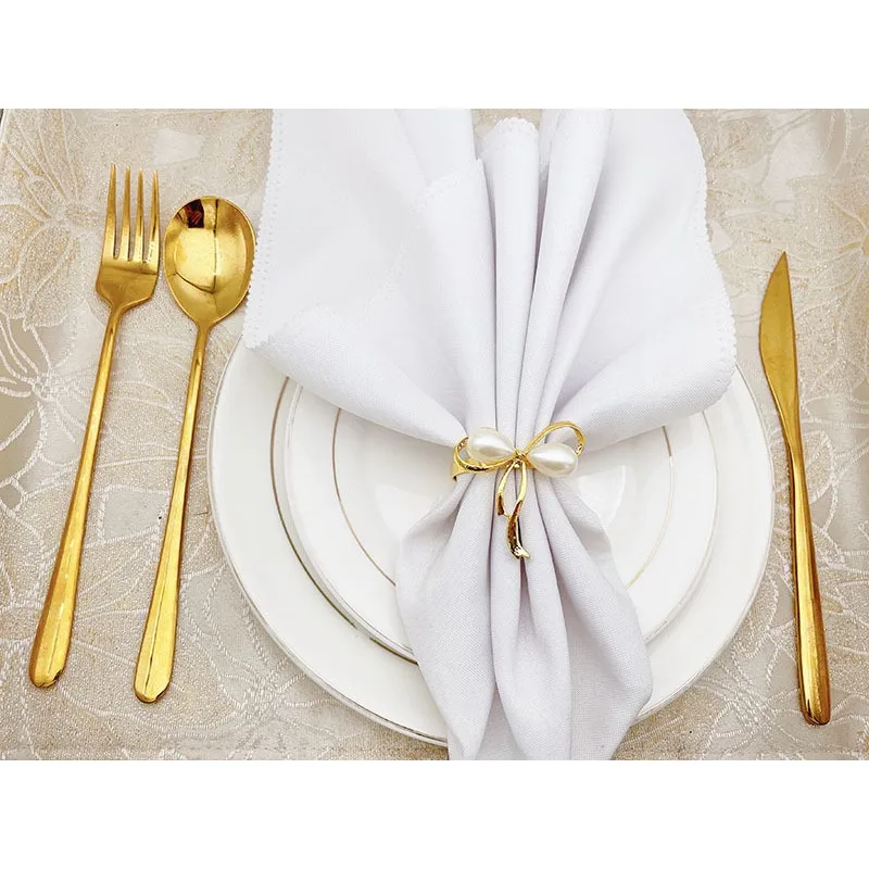 6PCS Golden Pearl Bow Napkin Button Hotel Model Room Hotel Table Set Tableware Decoration Mouth Ring Napkin Ring images - 6