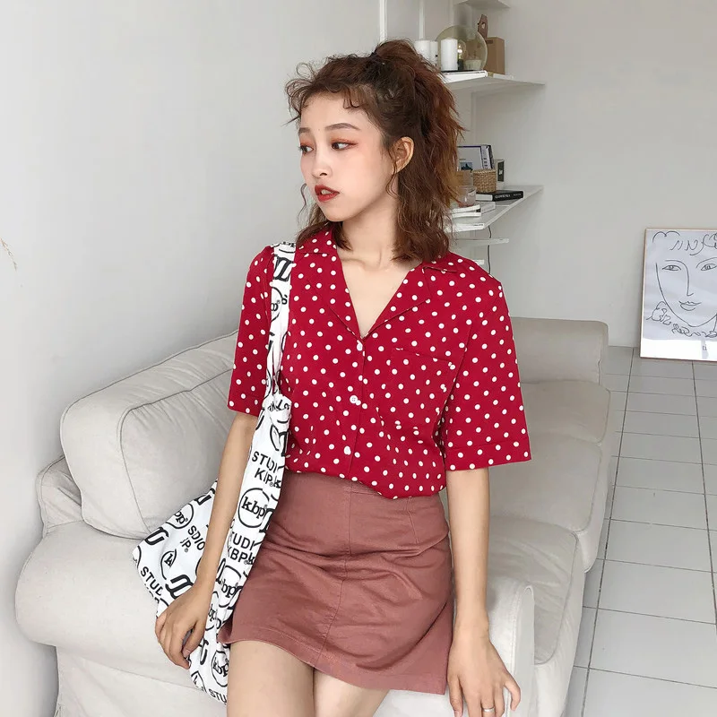 Женская блузка в горошек с коротким рукавом и отложным воротником|Блузки| |