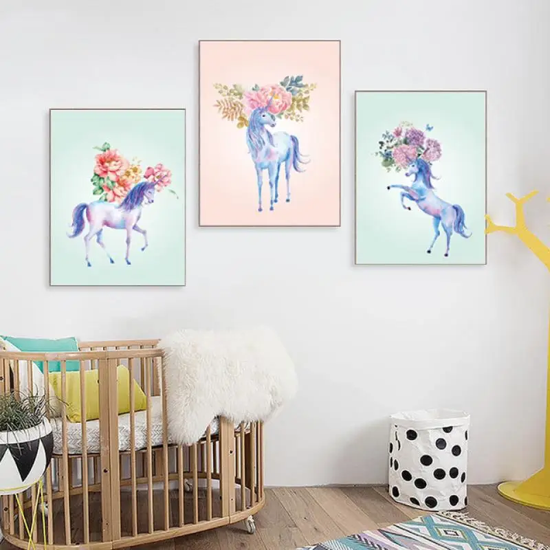 

Cartoon Style Mural Flowers and Unicorns Frameless Poster Home Bedroom Fresco Living Room Decoration Canvas Painting Print