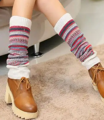 Beige Женские зимние вязаные гетры; женские винтажные Разноцветные гетры в полоску; модные гетры до колена для девочек; гетры; Bac319 - Цвет: Beige