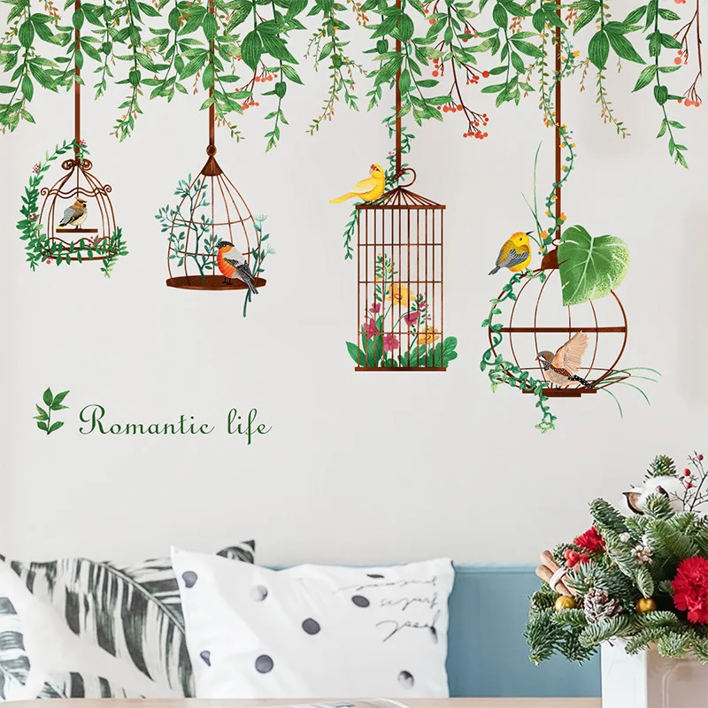 

Colorful Flower Vine Bird Cage Wall Sticker Living Room Bedroom Sofa Background Decorations Wallpaper Mural Removable Stickers